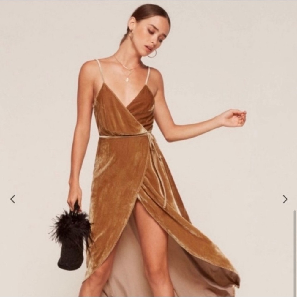 Reformation velvet wrap dress, golden